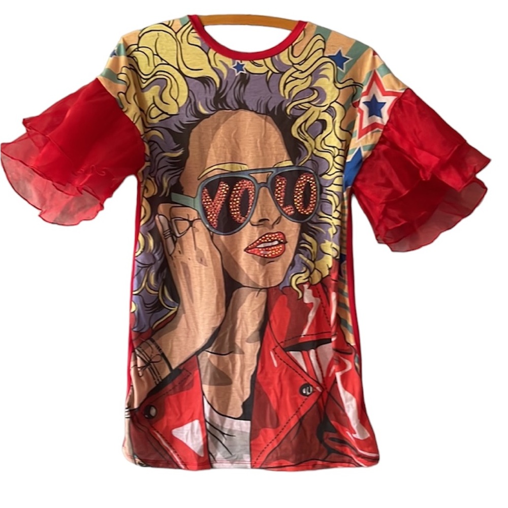 Topia “YoLo” T-Shirt Red Frill Sleeve SZ M
